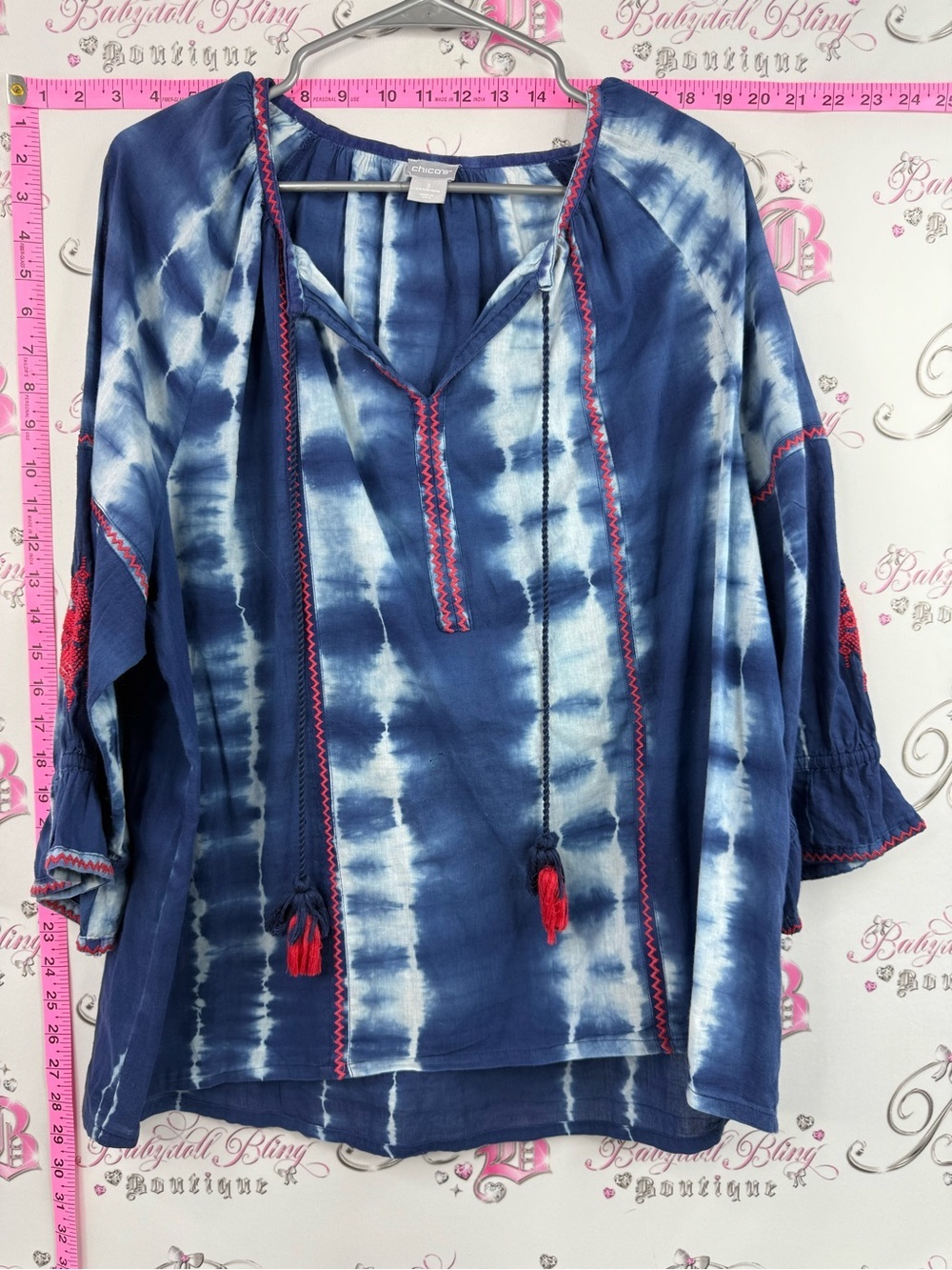 Chico's shirt blouse tassles red Blue Tie-Dye Peasant Tunic with Red Trim